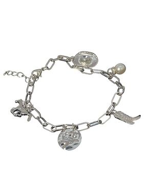 Silver Western Charm Bracelet with Boot, Pearl, and Hat Charms - NWOT **